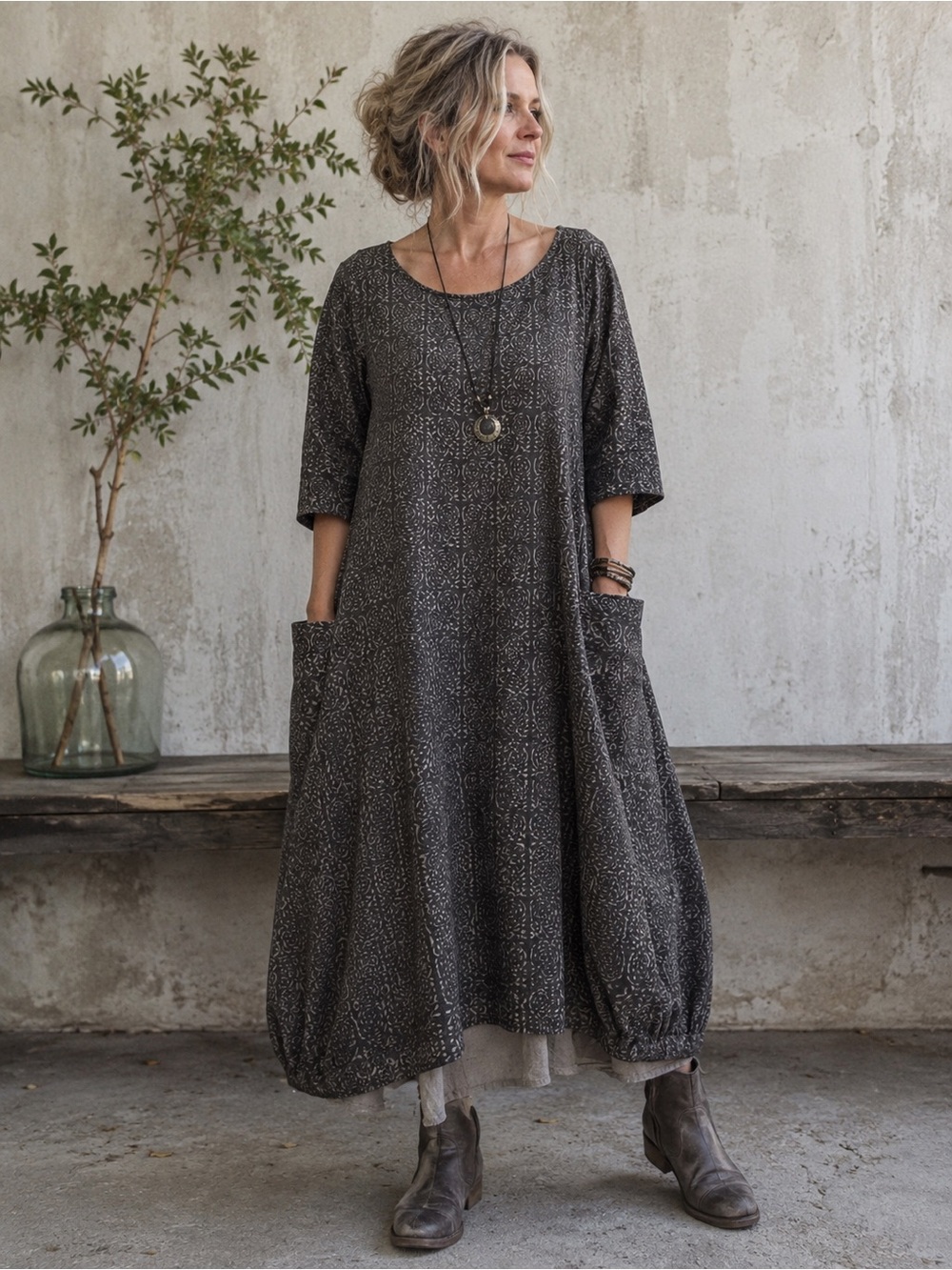 Maiwa 100% Linen Hand Block Print Lagenlook Midi Dress M Artisan